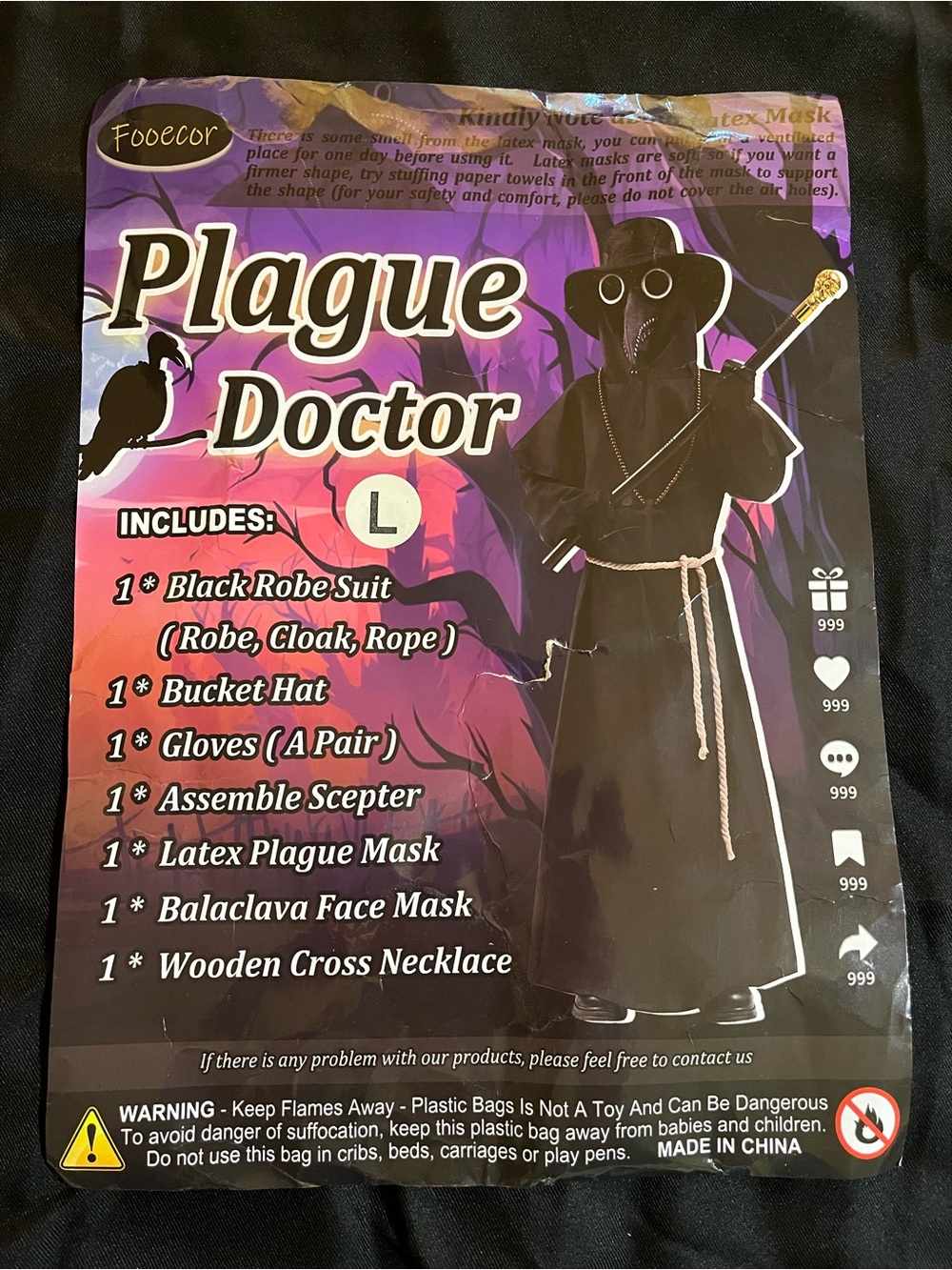 Plague Doctor Kids Costume - Black Robe with Mask and Accessories